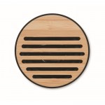 Altavoz circular inalámbrico con base de corcho y detalle en bambú color negro octava vista