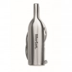 Abridor de bolsillo en forma de botella de vino con navajas color plateado mate vista principal segunda vista