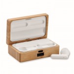 Auriculares inalámbricos con micrófono en estuche de bambú color madera tercera vista