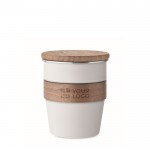 Vaso de acero inoxidable con detalle removible de madera 350ml color blanco vista de impresión