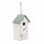 Casa colgable de madera para pájaros con estampado floral color blanco