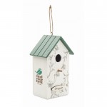 Casa colgable de madera para pájaros con estampado floral color blanco vista principal