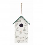 Casa colgable de madera para pájaros con estampado floral color blanco vista de impresión