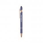 Bolígrafo de aluminio reciclado con detalles de oro rosa tinta azul color azul vista de impresión
