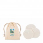 Bolsa de 3 discos reutilizables y lavables para uso de limpieza facial color beige vista de impresión