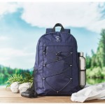 Mochila de poliéster RPET con bolsillos de malla a ambos lados color azul vista bodegón principal