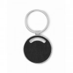 Llavero metálico de forma redonda con incrustación de cuero sintético color negro segunda vista