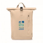 Mochila de cierre roll top de algodón reciclado con cremallera delante color beige vista de impresión