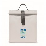 Bolsa nevera rolltop de poliéster con asa y cierre de cuero color blanco vista de impresión