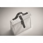 Bolsa nevera rolltop de poliéster con asa y cierre de cuero color blanco vista fotografía quinta vista