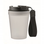 Vaso antifugas para llevar con correa de poliéster RPET 300ml color blanco transparente