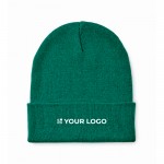 Clásico gorro de poliéster con dobladillo en talla única color verde oscuro vista de impresión