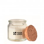 Vela de cera vegetal con aroma a vainilla y tapa de corcho color beige vista de impresión