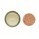 Vela de cera vegetal con aroma a vainilla y tapa de corcho color verde cuarta vista