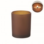Vela con aroma a vainilla de cera vegetal y mecha de madera color marrón