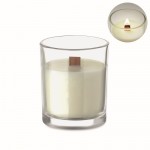 Vela con aroma a vainilla de cera vegetal y mecha de madera color transparente