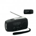 Radio portátil solar con linterna y batería externa de emergencia color negro vista de impresión