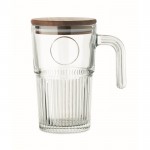Taza grande de cristal estriado con tapa de madera y asa 450ml color transparente