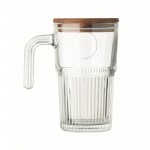 Taza grande de cristal estriado con tapa de madera y asa 450ml color transparente sexta vista