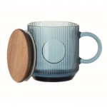 Taza original de cristal estriado con tapa de madera de acacia 300ml color azul transparente segunda vista