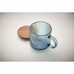 Taza original de cristal estriado con tapa de madera de acacia 300ml color azul transparente vista fotografía octava vista