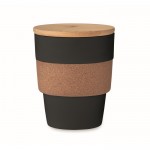 Vaso de plástico reciclado con cinta de corcho y tapa de bambú 300ml color negro