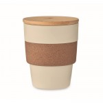 Vaso de plástico reciclado con cinta de corcho y tapa de bambú 300ml color beige