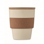 Vaso de plástico reciclado con cinta de corcho y tapa de bambú 300ml color beige cuarta vista