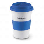 Taza personalizada de cerámica con tapa 400ml color Azul cuarta vista con logo