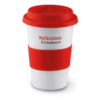 Taza personalizada de cerámica con tapa 400ml color Rojo cuarta vista con logo