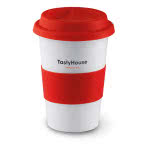 Taza personalizada de cerámica con tapa 400ml color Rojo impreso