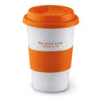 Taza personalizada de cerámica con tapa 400ml color Naranja cuarta vista con logo