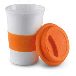 Taza personalizada de cerámica con tapa 400ml color Naranja segunda vista
