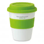 Taza personalizada de plástico con tapa 350ml color Verde cuarta vista con logo