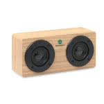 Elegante altavoz de madera publicitario color madera cuarta vista con logo