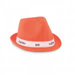 Sombrero promocional de poliéster color naranja cuarta vista con logo