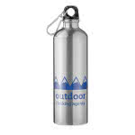 Botella de aluminio con mosquetón 750ml color plateado mate cuarta vista con logo