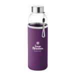 Botella de agua personalizada con funda color violeta con logo