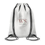 Mochila de cuerdas reflectante color plateado cuarta vista con logo