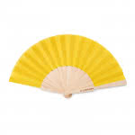 Abanicos personalizados baratos color amarillo cuarta vista con logo