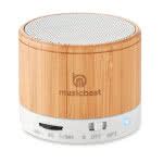 Altavoz Bluetooth de madera para publicidad color blanco cuarta vista con logo