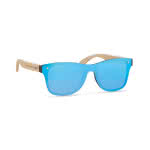 Gafas de sol promocionales patillas bambú color azul cuarta vista con logo
