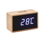 Reloj despertador personalizado de bambú color madera cuarta vista con logo