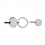 Llavero de zinc reciclado con llave de radiador y moneda de carro color plateado