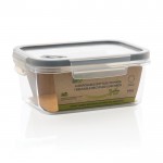 Fiambrera sostenible fabricada en Europa color transparente vista con en caja