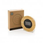 Reloj de escritorio redondo de bambú color madera vista con caja
