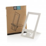Soporte plano para móvil plegable de plástico reciclado color blanco vista con caja