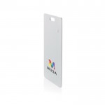 Tarjeta ultradelgada rastreadora para billetera con Find My color blanco vista con logo