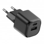 Cargador doble de plástico reciclado con enchufe europeo 20W color negro tercera vista