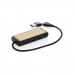 Hub USB de plástico reciclado y bambú con 4 puertos y cable dual color negro